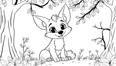 Un chiot de renard souriant assis dans une forêt, prêt pour un color panel.