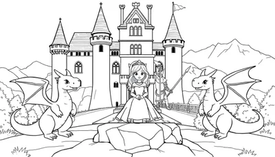 Dessin au trait d'une princesse dans un château avec des dragons et un chevalier, prêt pour un color panel.