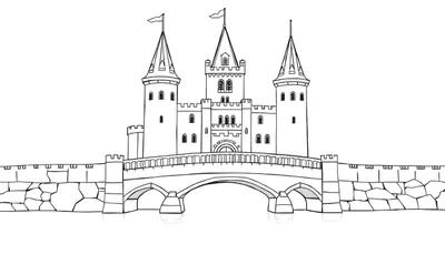 Château médiéval noir et blanc avec pont en arc et bannières.