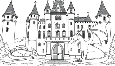 Un dessin au trait noir et blanc d'un château médiéval avec deux dragons devant, conçu pour être colorié, faisant partie d'un color panel.