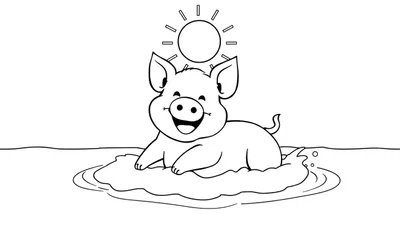 Un cochon heureux dans une flaque d'eau, prêt pour le coloriage sur ce panneau.