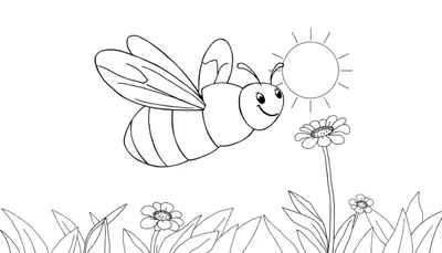 Dessin au trait d'une abeille souriante volant près d'un soleil et de fleurs, prêt pour la coloration.