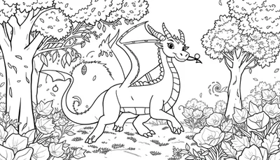 Un dragon amical se promène dans une clairière enchantée.