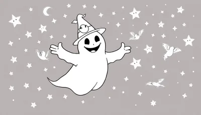 Un fantôme amical avec un chapeau de sorcier dans un panel coloré.