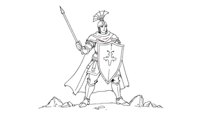 Un dessin au trait d'un guerrier en armure sur un terrain rocheux.