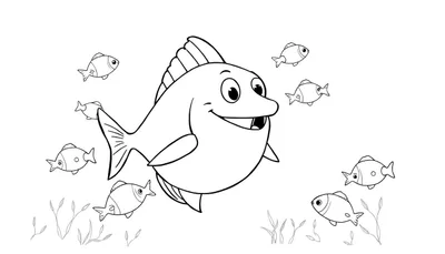 Un grand poisson souriant avec de grands yeux nage parmi plusieurs petits poissons. Des plantes aquatiques sont visibles en arrière-plan. Ce dessin est un color panel prêt à être colorié.