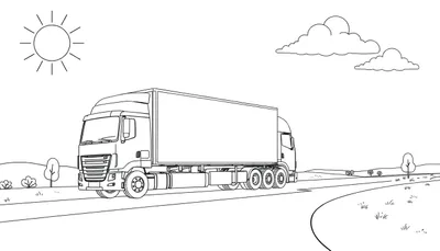 Un gros camion rouge avec une remorque sur une route ensoleillée, entouré d'arbres, prêt à être colorié.