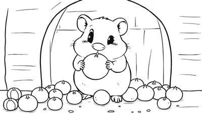 Un adorable hamster avec des joues pleines tient une noisette dans sa tanière dessinée dans un style de color panel.