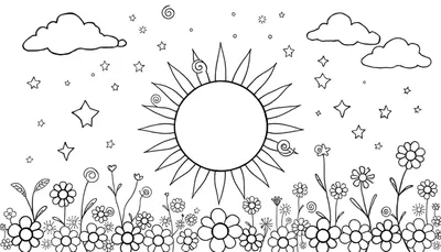 Dessin au trait d'un paysage fleuri avec un soleil et des étoiles