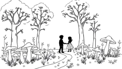 Un garçon et une fille se tenant la main dans une forêt avec des champignons.