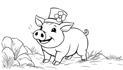 Un cochon anthropomorphique souriant portant un haut-de-forme avec une fleur, debout dans un champ herbeux.