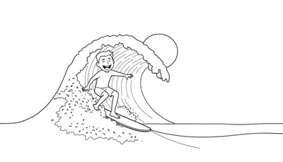 Un dessin au trait d'un garçon souriant faisant du surf sur une grande vague bleue, avec un soleil en arrière-plan et une planche de surf laissant une traînée.