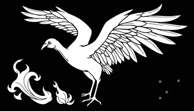 Un dessin d'oiseau aux ailes déployées, entouré de fleurs et d'étoiles, sur fond noir.