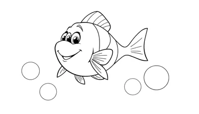Dessin au trait d'un poisson souriant avec des bulles, comme pour un panneau de coloriage.