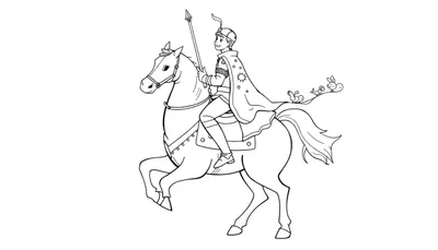Un prince souriant en costume étoilé sur un cheval, tenant une lance, avec des oiseaux sur la queue du cheval, color panel.