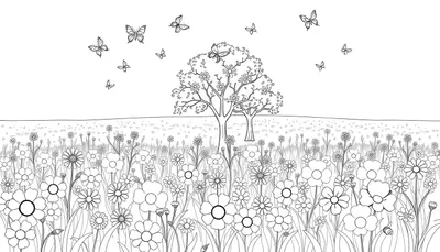 Un dessin au trait d'un paysage de printemps rempli de fleurs colorées et de papillons, ressemblant à un color panel.