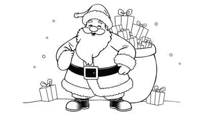 Dessin au trait du Père Noël avec un chapeau à pompon, une barbe volumineuse, un manteau bordé de fourrure, une ceinture large, un sac de cadeaux, et des points de neige tombant.