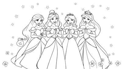 Quatre princesses Disney souriantes en robes de bal, avec des couronnes et des mains jointes, dans un style dessin au trait. Un color panel d'étoiles et de fleurs en arrière-plan.