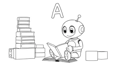Un robot lisant un livre ouvert avec la lettre A au-dessus, entouré de livres et de blocs, sur un color panel.