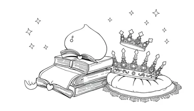 Un dessin au trait d'un livre ouvert sur une pile de livres, avec une pêche, des couronnes flottantes et des étoiles dans un color panel.