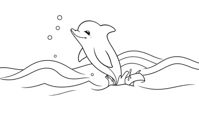 Un dessin au trait d'un dauphin souriant qui saute hors de l'eau, entouré de bulles et de lignes ondulées représentant l'eau. Le color panel montre le mouvement joyeux du dauphin.