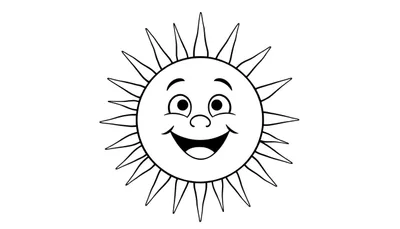 Dessin au trait d'un soleil souriant avec des rayons triangulaires, prêt pour le color panel.