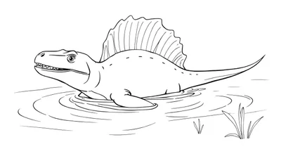 Dessin au trait en noir et blanc d'un dinosaure Spinosaurus nageant dans l'eau avec sa voile dorsale visible, des vaguelettes autour de lui et de la végétation sur la rive.