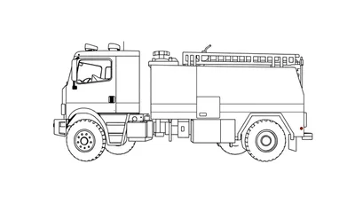 Dessin au trait d'un camion de pompiers rouge tout-terrain avec une échelle, des gros pneus et une suspension robuste, dans un panneau de couleur.