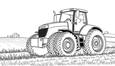 Tracteur rouge de dessin au trait travaillant dans un champ d'herbe avec une maison en arrière-plan sur une colline.