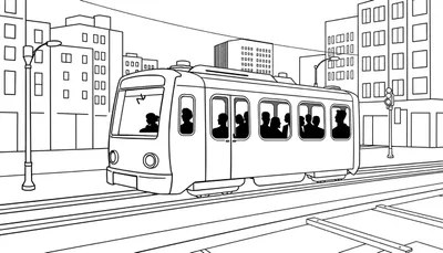 Illustration en noir et blanc d'un tramway rempli de passagers traversant une ville.