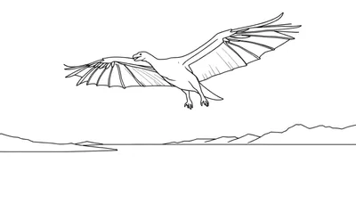 Un ptérosaure en noir et blanc vole au-dessus de montagnes et de mer, ses ailes déployées.