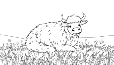 Un yack dessinée en noir et blanc avec de grandes cornes et un sourire, allongé dans un champ de fleurs et d'herbes, prêt à être colorié.