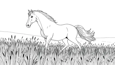 Dessin en noir et blanc d'un cheval galopant dans un champ d'herbe haute avec des collines au loin.