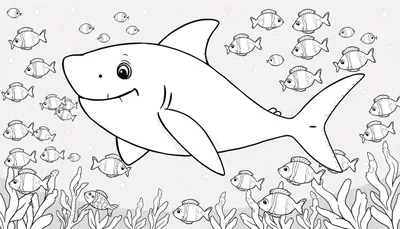 Un gentil requin de dessin animé souriant nage entouré de petits poissons rayés dans un paysage marin, dans un style livre de coloriage.