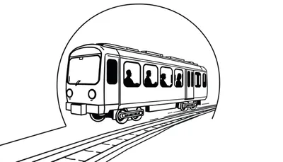 Un train noir et blanc sortant d'un tunnel sombre avec des silhouettes de passagers visibles aux fenêtres.