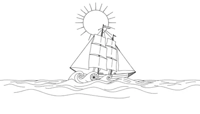 Dessin au trait simple d'un voilier sur l'eau avec un soleil rayonnant, parfait pour un color panel.