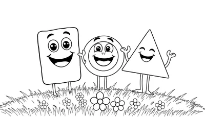 Trois formes géométriques anthropomorphisées (rectangle, cercle, triangle) souriantes avec des bras levés dans un paysage herbeux, prêtes pour un color panel.