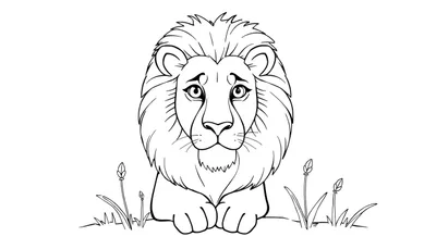 Dessin au trait d'un lion calme avec une crinière complète, prêt à être colorié.