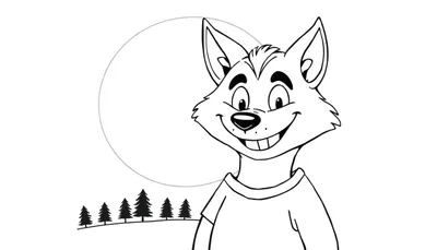 Un dessin au trait d'un loup souriant, prêt pour un color panel.