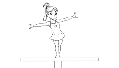 Une petite gymnaste concentrée sur une poutre d'équilibre, bras écartés pour maintenir son équilibre. Elle porte un justaucorps avec une étoile et ses cheveux sont en queue de cheval.