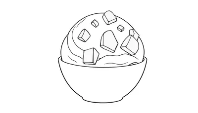 Dessin au trait d'une glace vanille avec pépites de chocolat dans un bol, prêt à être colorisé.