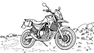 Illustration en noir et blanc d'une moto d'aventure sur un terrain accidenté, avec un panneau de couleur vierge.