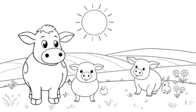 Page de coloriage d'une ferme ensoleillée avec des animaux mignons. Un color panel pour le plaisir des enfants.
