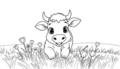 Une vache mignonne assise dans un champ fleuri, prête pour un color panel.