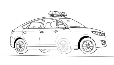 Dessin au trait d'une voiture de police avec barre lumineuse et roues détaillées, dans un style de coloriage.