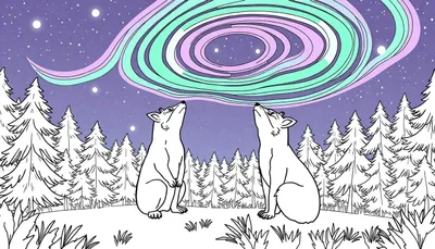 Deux loups blancs stylisés regardent le ciel avec une aurore boréale dans un paysage hivernal.