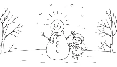 Un bonhomme de neige souriant avec un enfant jouent dans un paysage hivernal enneigé, prêt pour un color panel.