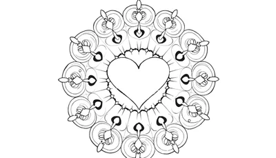 Un mandala noir et blanc avec un cœur au centre, prêt à être coloré.