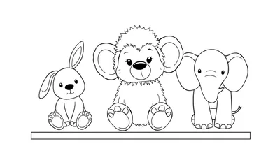Trois animaux en peluche: un lapin, un singe et un éléphant, sur une étagère, un color panel.