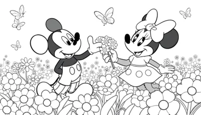 Mickey et Minnie Mouse dans un champ de fleurs coloré avec des papillons. Mickey offre des fleurs à Minnie. Style dessin au trait.